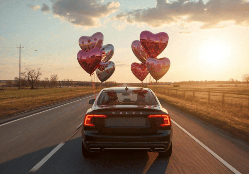 Volvo sedan driving on a country road at sunset with heart balloons tied to the roof.