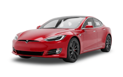 A red tesla model s is shown on a white background.