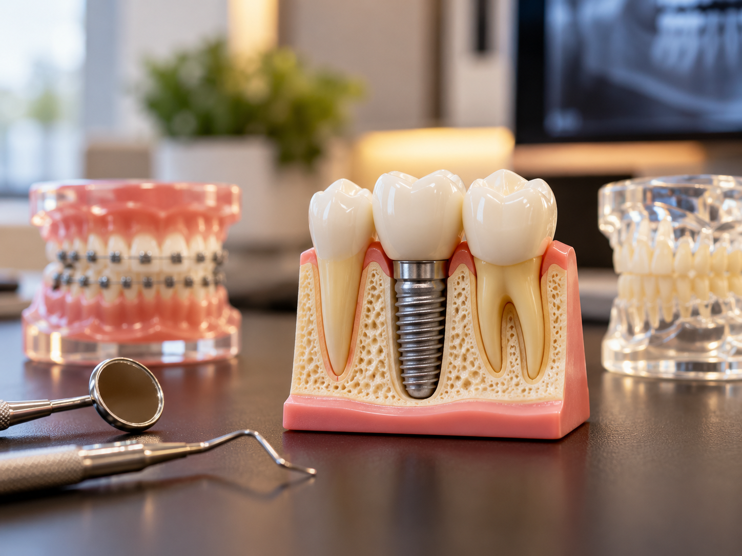Modello di impianto dentale su una scrivania, con denti, gengive, strumenti e un vassoio odontoiatrico sullo sfondo