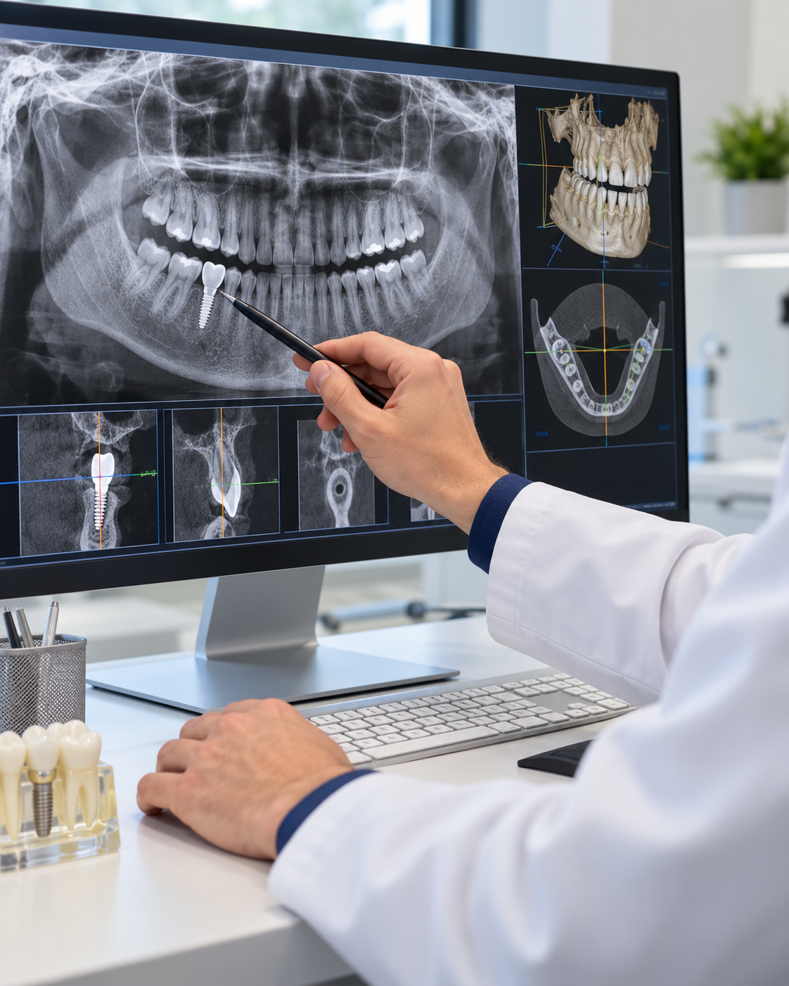 Dentista che indica una radiografia dentale sul monitor di uno studio dentistico