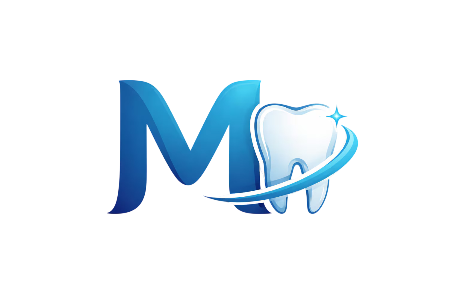 Logo blu stilizzato con una “M”, un dente bianco e una curva sinuosa