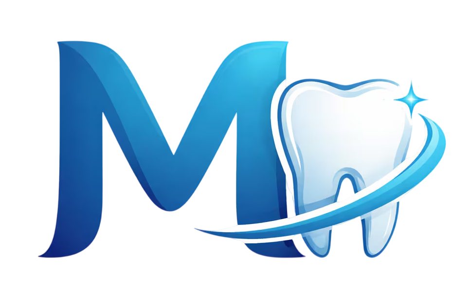 M blu con l’icona di un dente e un arco sinuoso, simile a un logo odontoiatrico