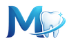 M blu con l’icona di un dente e un arco sinuoso, simile a un logo odontoiatrico