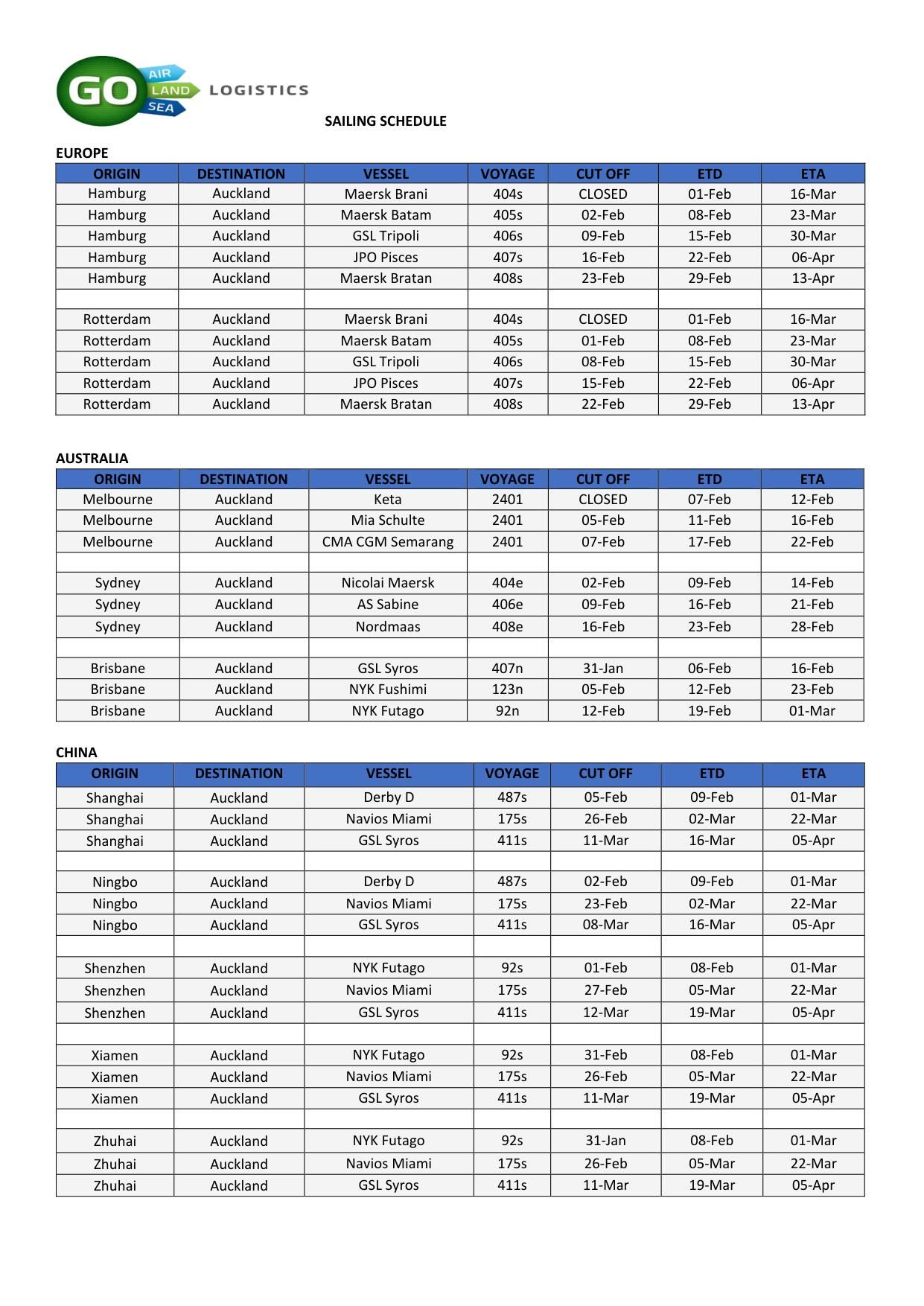 Sailing Schedules