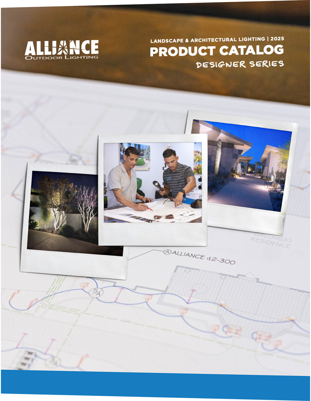 Product catalog cover with photos of people working on lighting, landscape design, and exterior shots.