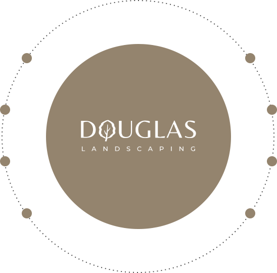 Logo for Douglas Landscaping featuring a brown circle with the company name 