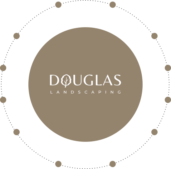 Logo for Douglas Landscaping: Brown circle with text 