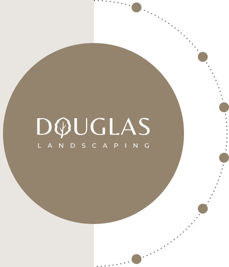 Logo for Douglas Landscaping: Brown circle with white text and a tree symbol. A dotted line with brown dots curves around it.