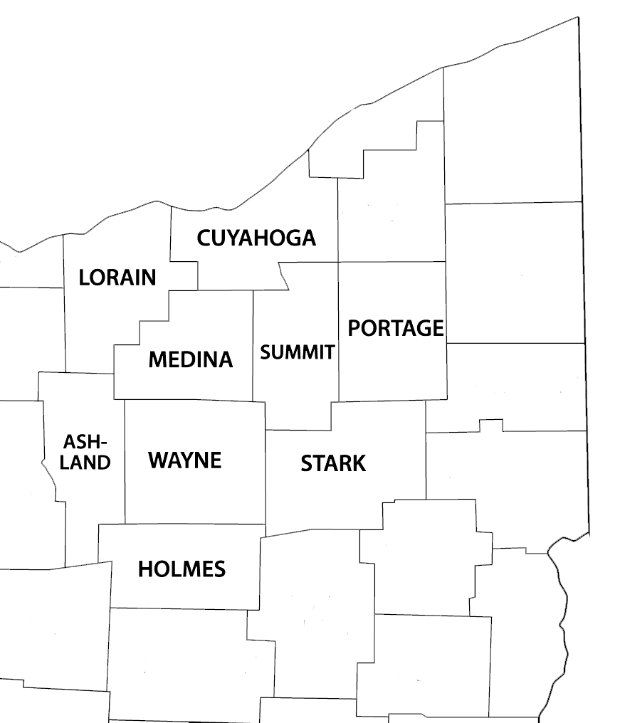 Map of Ohio counties, including Cuyahoga, Medina, Summit, Stark, and Wayne.