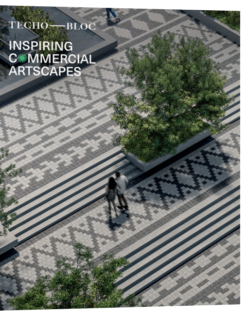 Cover of a brochure featuring a top-down view of a commercial landscape with patterned pavement and two people walking.