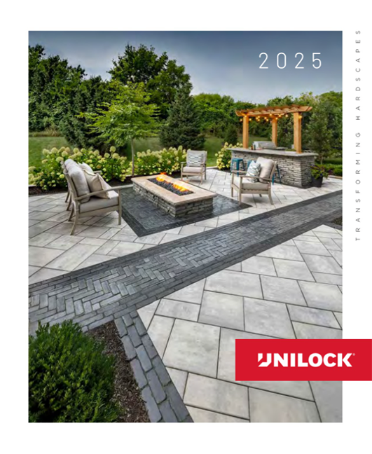 Unilock 2025 catalog cover. A backyard patio with a fire pit, outdoor kitchen, and seating.