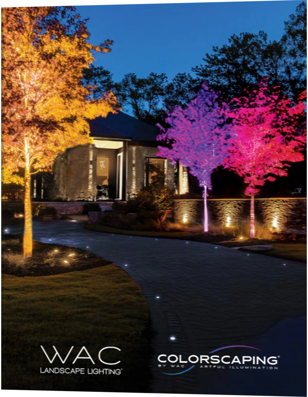 Nighttime landscape with colorful lights illuminating trees and a path leading to a modern home.
