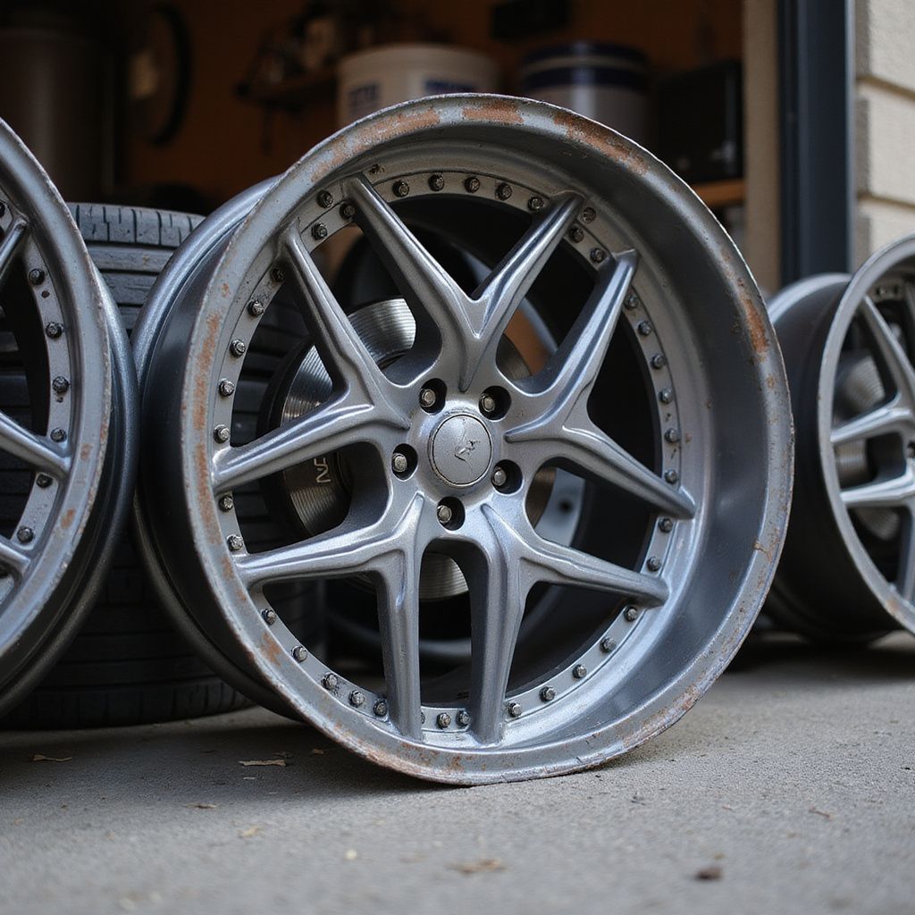 Silver alloy car rims with a starburst design.
