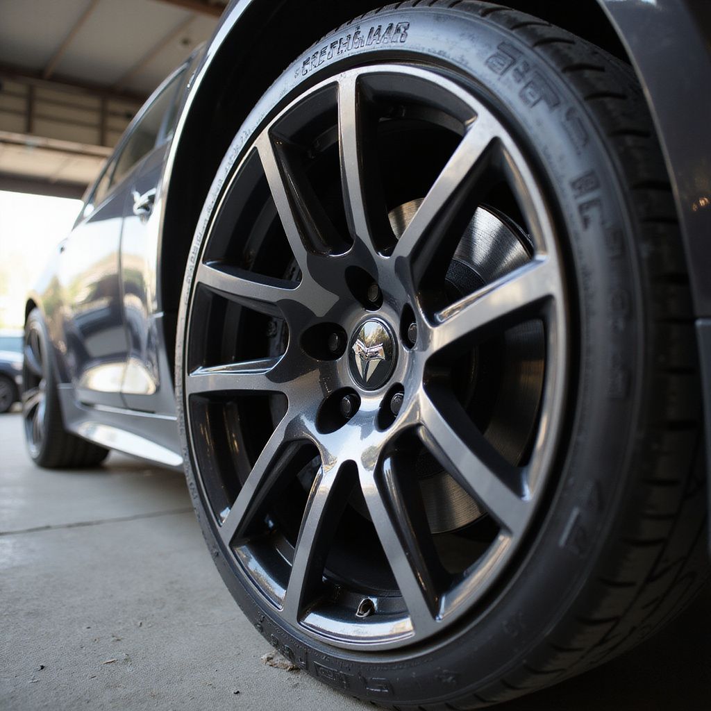 Close-up of a car's black and silver alloy wheel and tire.