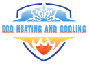 ECO Heating and Cooling logo with blue shield, snowflake, and orange flame
