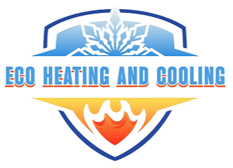 ECO Heating and Cooling logo with blue shield, snowflake, and orange flame