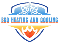 ECO Heating and Cooling logo with blue shield, snowflake, and orange flame