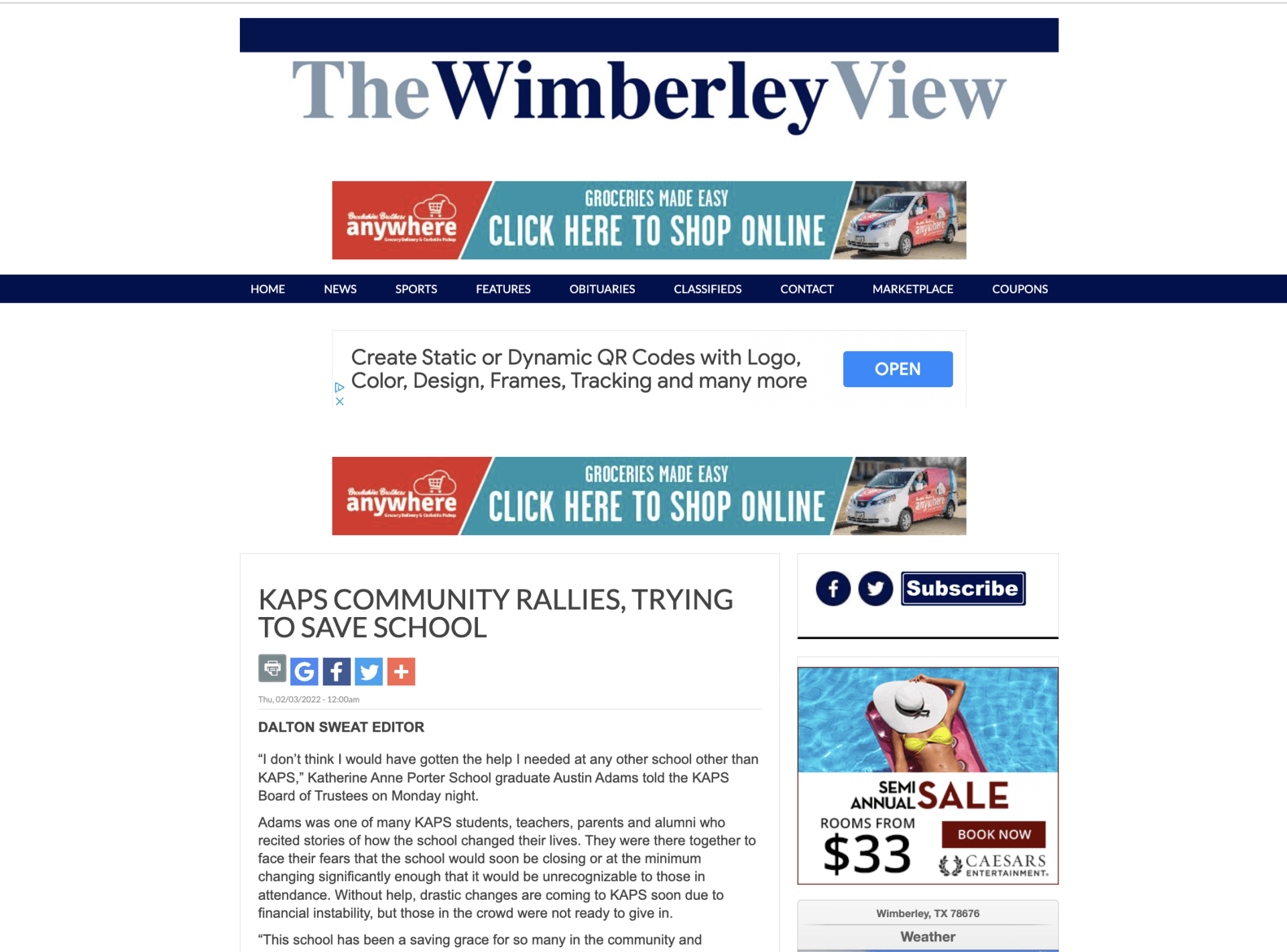 A screenshot of a website called the wimberley view