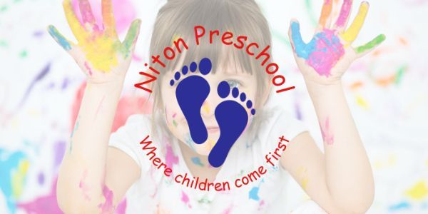 Nixon Preschool logo with red text, blue baby footprints, and colorful handprints on a light background