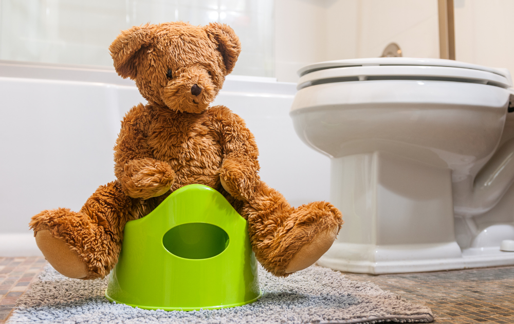 Brown teddy bear sits on a green potty in front of a white toilet in a bathroom.