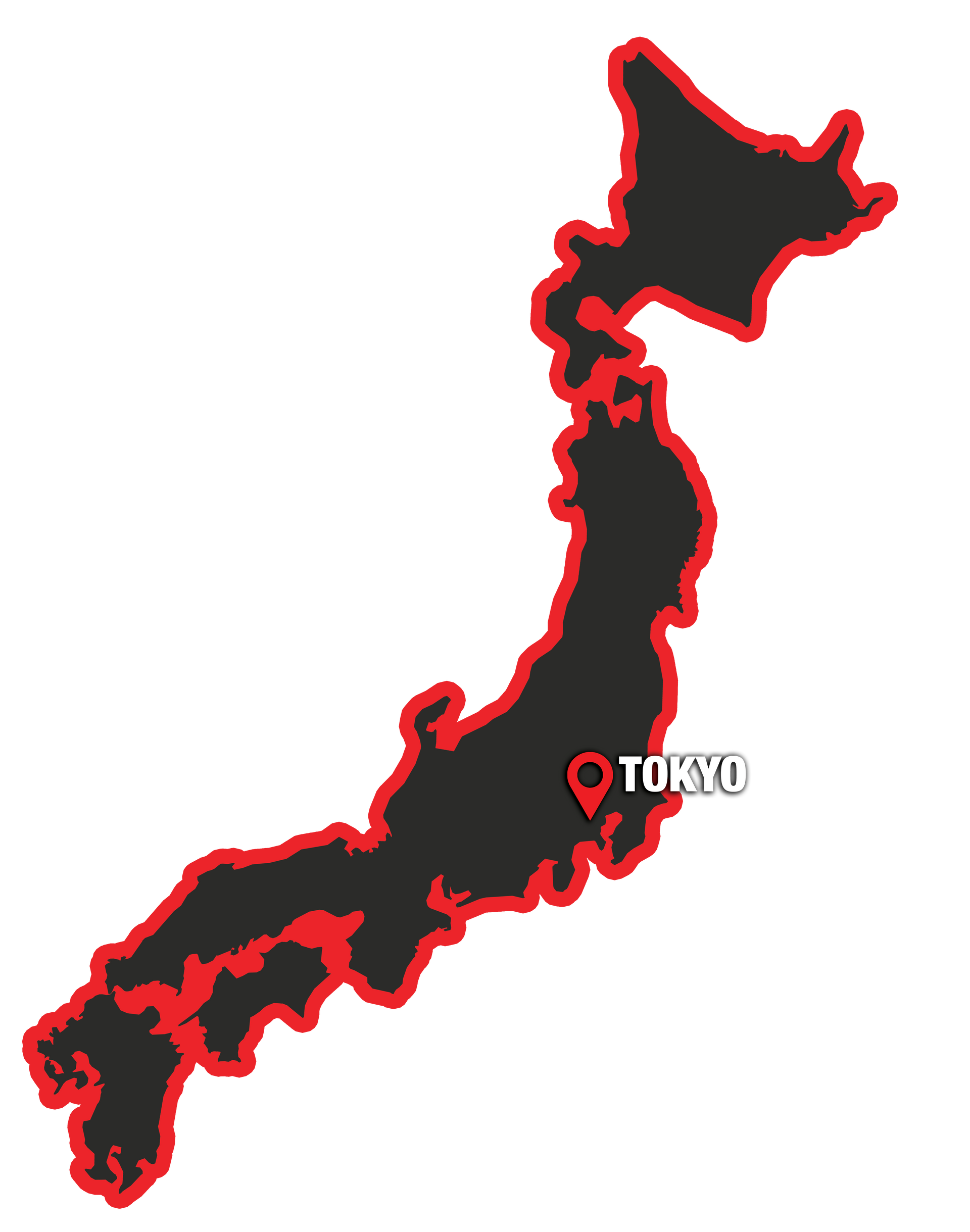 Map of Japan, black silhouette with a red outline. Tokyo is marked with a red pin.