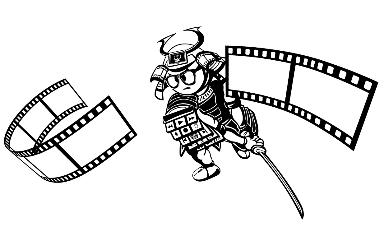 Samurai character holding a sword, film strips on either side.