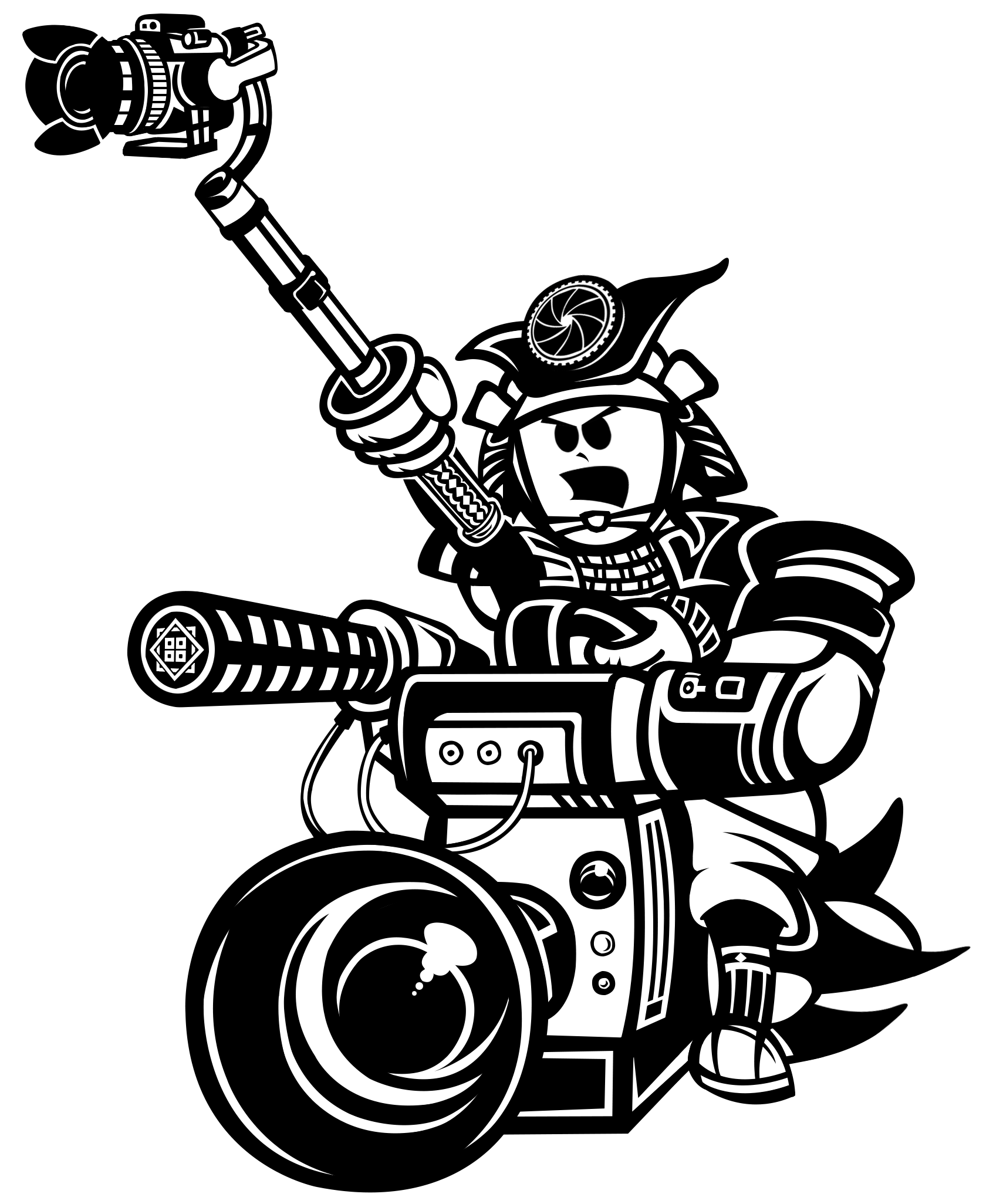 Samurai riding a video camera rig, holding a camera on a boom and looking fierce.