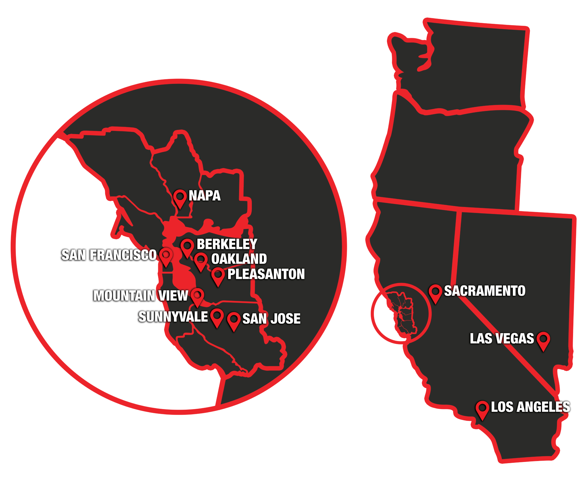 Map of California highlighting cities: San Francisco, Oakland, Sacramento, Los Angeles, and Las Vegas.