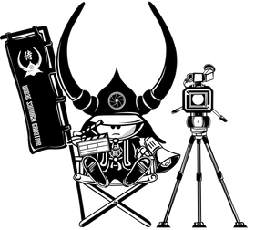 Cartoon samurai directing film with flag, megaphone, clapperboard, and camera on tripod.