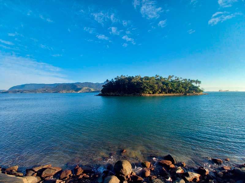 Uma pequena ilha coberta de árvores repousa em águas azuis calmas sob um céu claro e brilhante, com uma costa rochosa em primeiro plano.