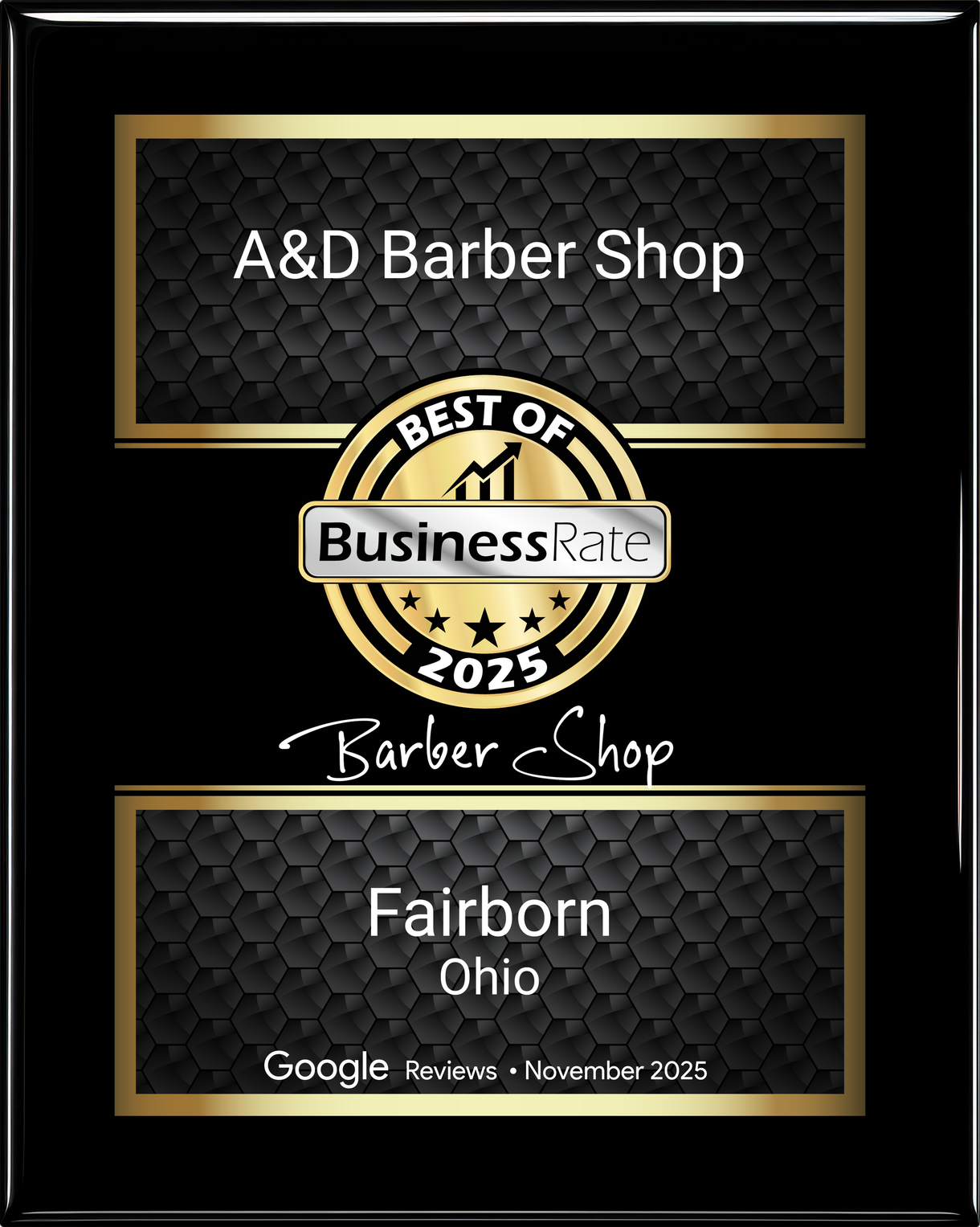 A&D Barber Shop award plaque with “Best of Business” badge, Fairfield, Ohio, on a black patterned background
