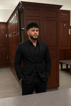 Man in black suit stands in a locker room with wooden lockers and benches, hands in pockets, looking ahead