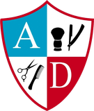Red-and-white shield logo with letters A and D and barber tools: comb, scissors, brush, and razor