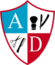 Red-and-white shield logo with letters A and D and barber tools: comb, scissors, brush, and razor