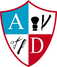 Red-and-white shield logo with letters A and D and barber tools: comb, scissors, brush, and razor