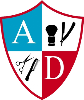 Red-and-white shield logo with letters A and D and barber tools: comb, scissors, brush, and razor