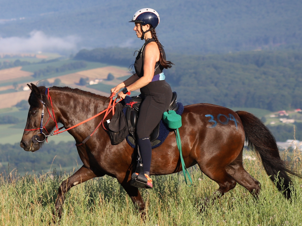 Woman riding a dark horse on a grassy hill, overlooking a valley with distant mountains.