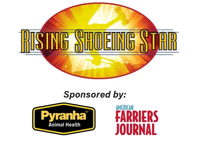 Rising Shoeing Star logo with sunburst oval and sponsor logos for Pyranha Animal Health and American Farriers Journal