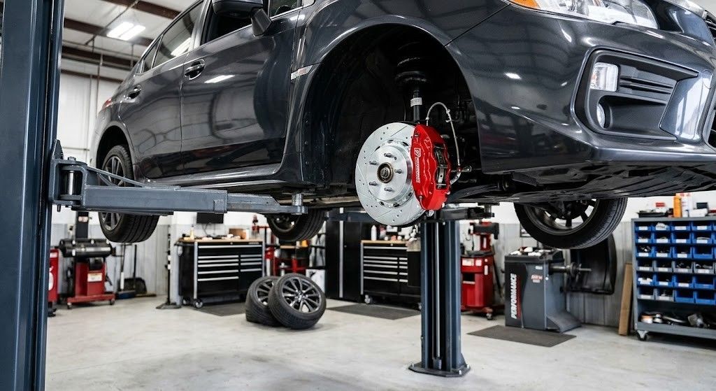 Black car raised on a lift in an auto repair shop, with wheel removed and red brake caliper visible.
