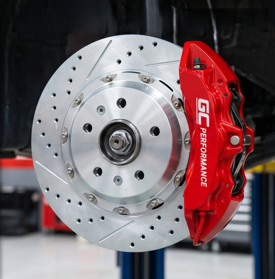 Red performance brake caliper on a drilled silver brake rotor in a garage setting