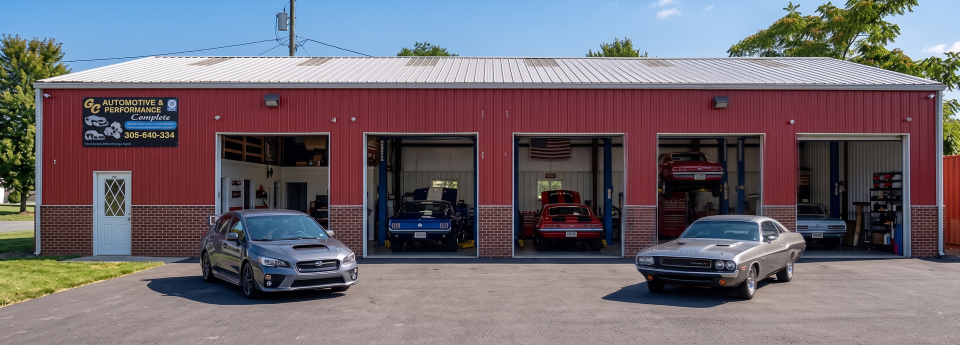 Red auto repair shop with open bays and two cars parked in front under a metal roof