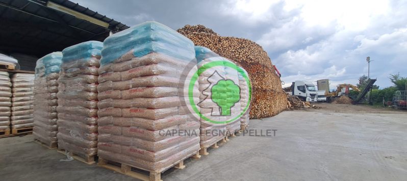 In un'area industriale all'aperto, pallet impilati di pellet di legno in sacchi si trovano accanto a una grande catasta di legna da ardere.