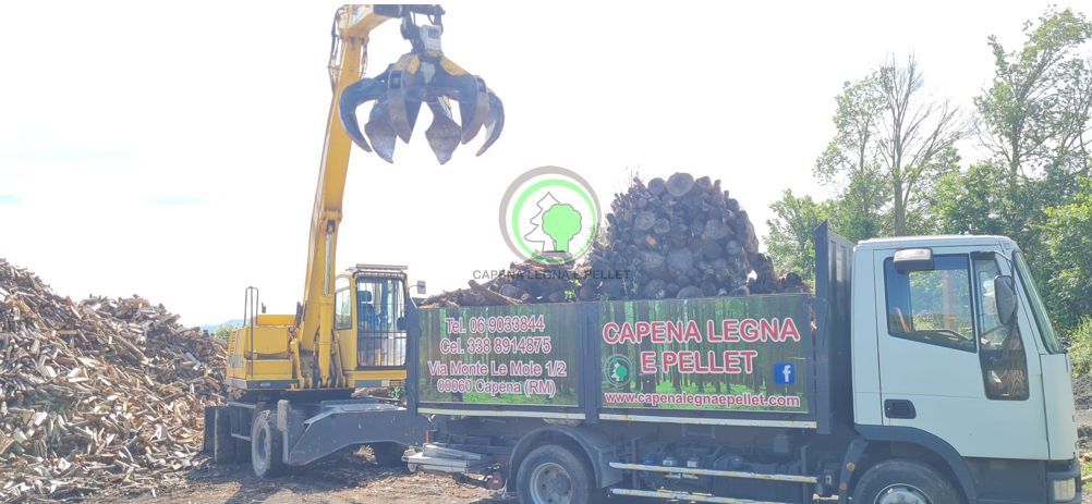 Un escavatore giallo con una benna carica rottami metallici sul cassone di un autocarro ribaltabile bianco.
