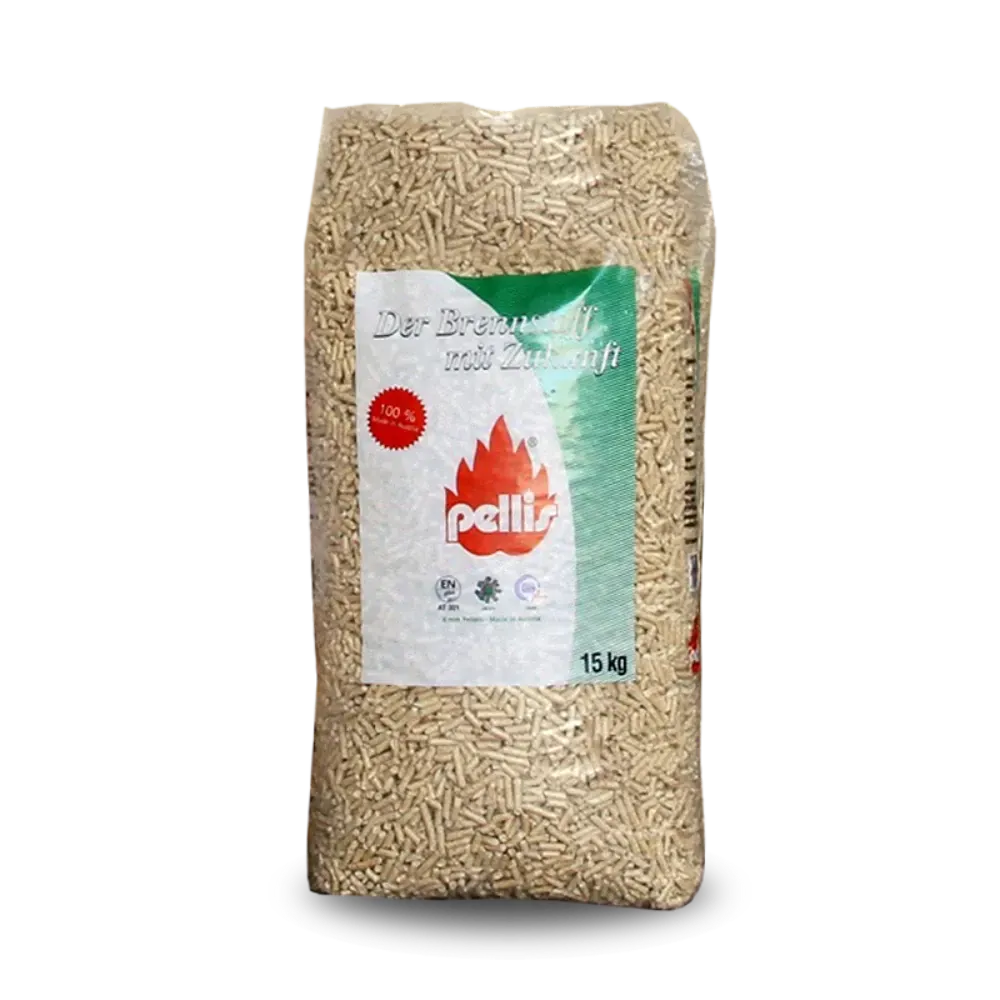 Un sacco da 15 kg di pellet di legno per riscaldamento con il logo 