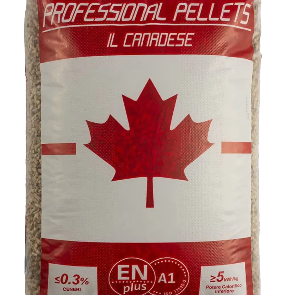 Una confezione di pellet professionali Il Canadese con un grande logo a forma di foglia d'acero rossa, certificazione ENplus A1 e specifiche tecniche.
