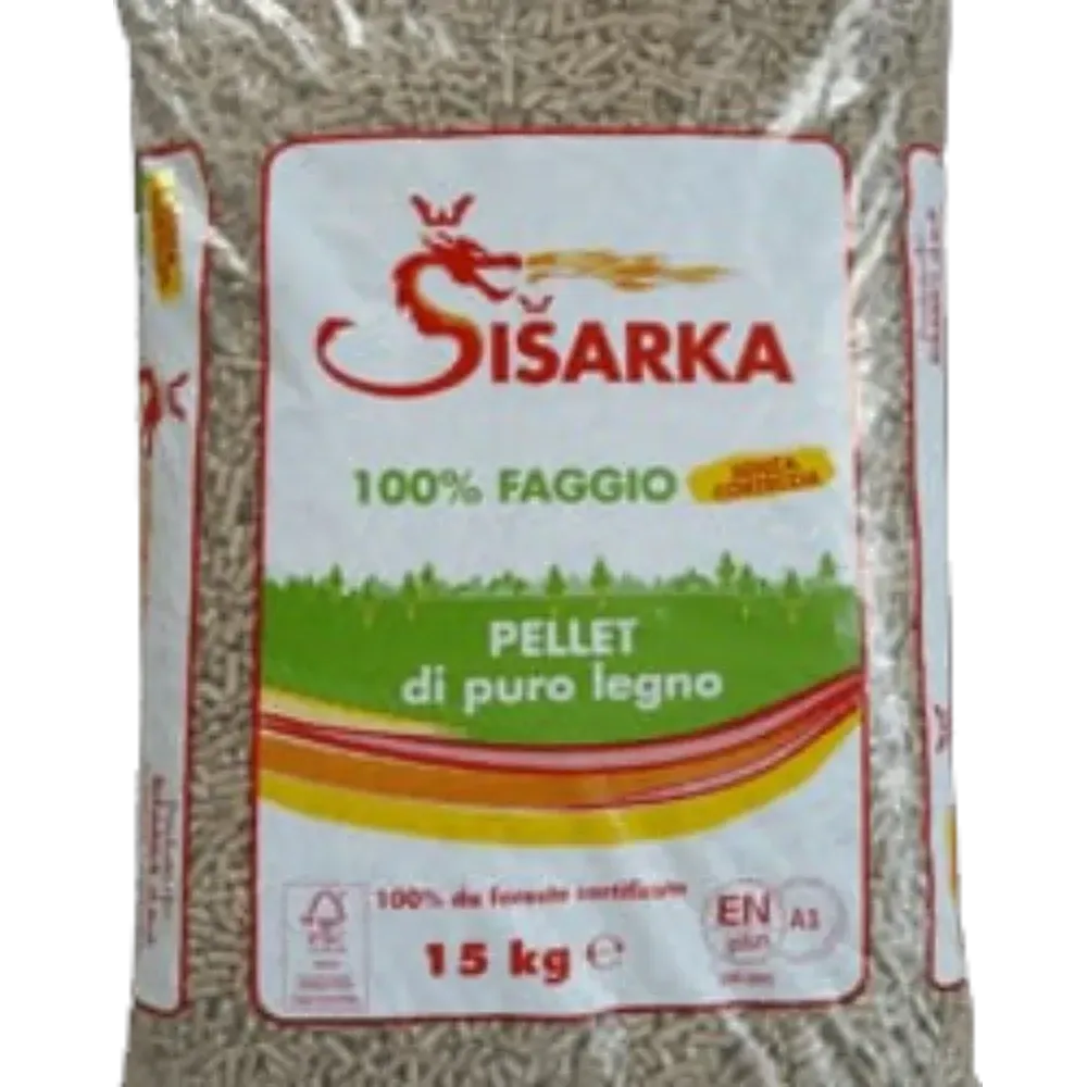 Un sacco da 15 kg di pellet di legno marca Sisarka, etichettato 100% faggio, con logo di un drago e certificazione ENplus A1.
