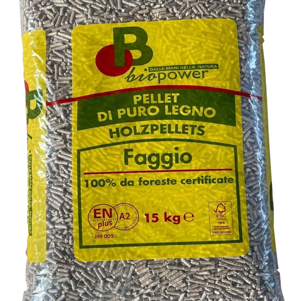 Un sacco da 15 kg di pellet di legno di faggio Biopower Faggio, con certificazione ENplus A2 e logo FSC.
