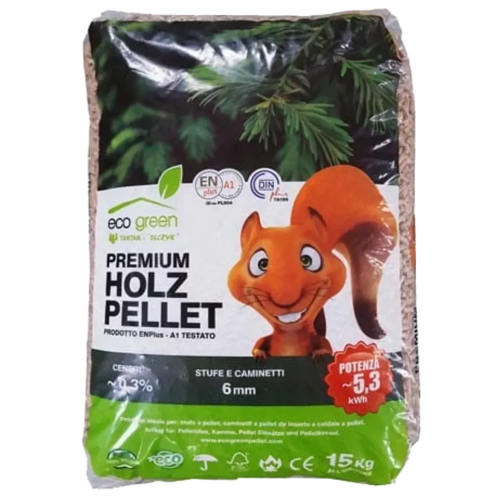 Un sacco da 15 kg di pellet di legno Eco Green Premium per stufe, con l'immagine di uno scoiattolo stilizzato e le specifiche del prodotto.
