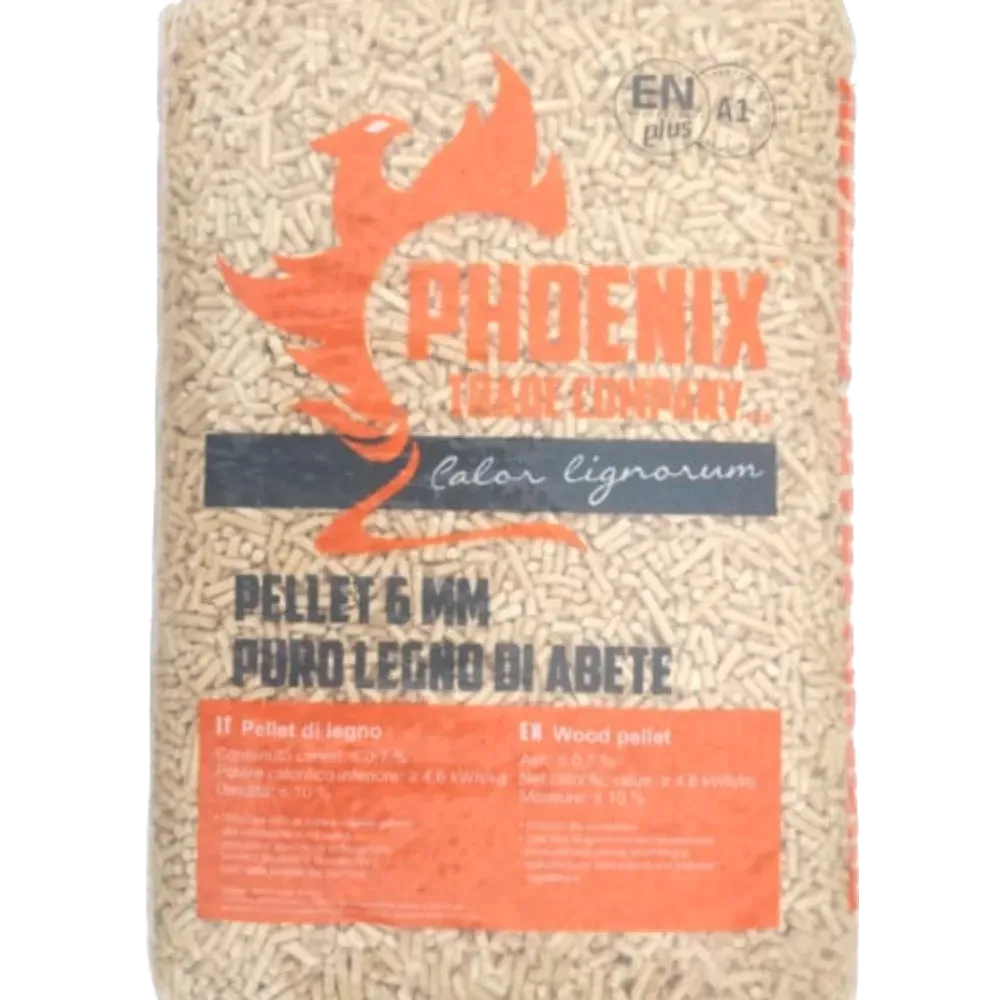 Sacchetto di pellet di legno per riscaldamento marca Phoenix, granulometria 6 mm, realizzati in puro legno di abete con certificazione ENplus A1.