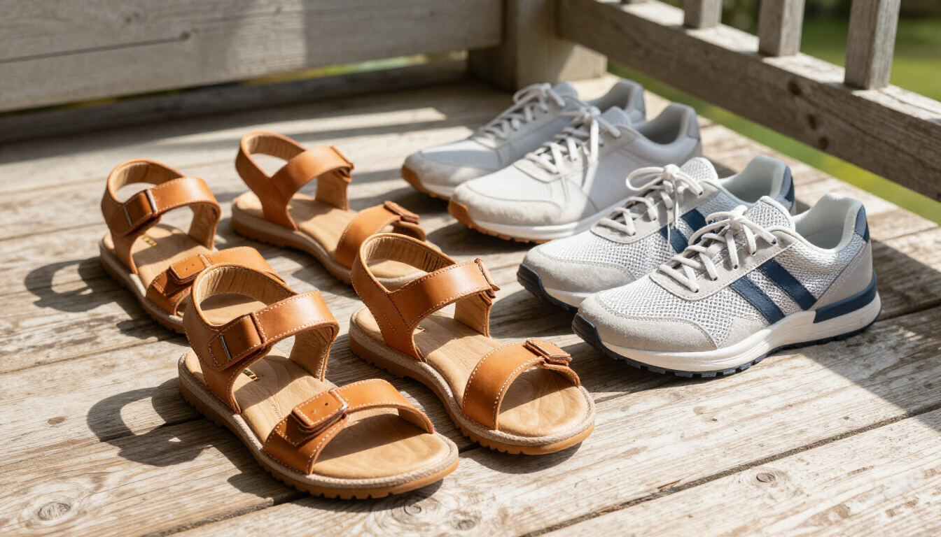 photorealistic variety of summer footwear including supportive sandals and sneakers on a wooden porch 16:9